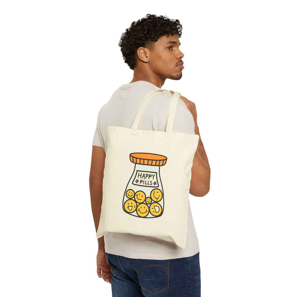 Happy Pills Cute Tote Bag | Cute Cotton Canvas Tote Bag | Mental Health Gifts | Happy Quotes